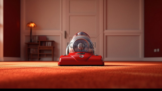 清洁家电背景图片_未来家电特写现代真空吸尘器在红地毯上空荡荡的客厅 3D 渲染