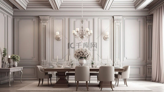 新古典主义餐厅室内样机 3d 渲染