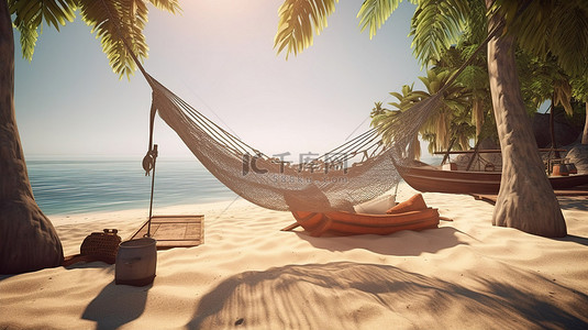 夏季热带旅游背景图片_一堆行李和一张吊床在 3d 渲染的热带海滩上