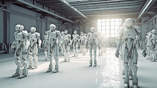 工厂机器人背景图片_在白色工厂组装机器人的 3D 渲染