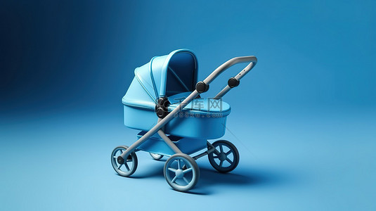 蓝色婴儿车婴儿车和婴儿车模型在蓝色背景 3D 渲染上的现代风格