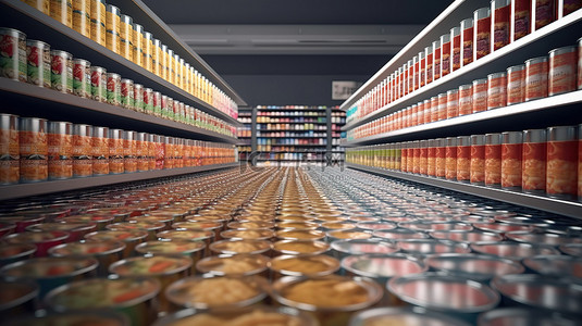 超市货架上展示的 3d 渲染食品