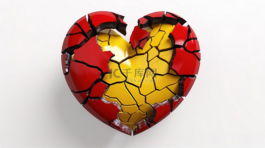 隔离在白色上，一颗红色的心，表面有纹理，黄色边缘似乎被打破了抽象的 3D 插图