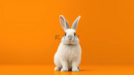3D 渲染的单色兔子在充满活力的橙色背景下