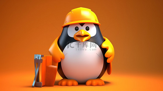 道路工程背景图片_丰满的企鹅劳工在 3D 渲染中挥舞着工具