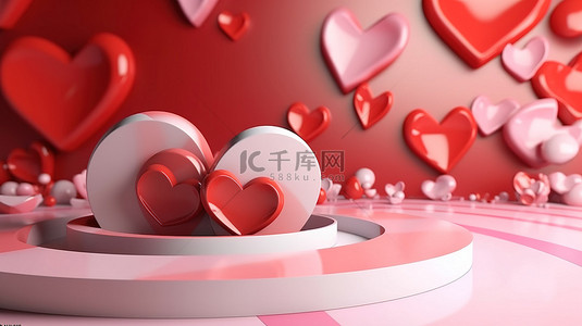 粉色和红色心形抽象背景 3D 渲染插图的情人节庆祝活动