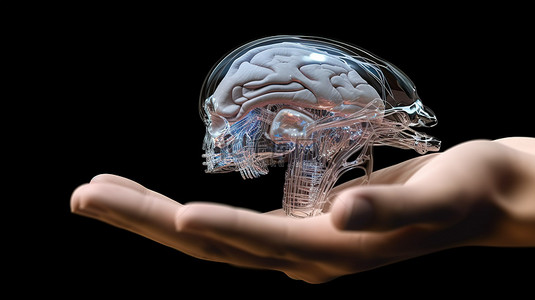机器人脑背景图片_紧握人造大脑的机器人手的 3D 渲染