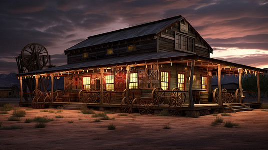 西部开发背景图片_质朴的老派狂野西部轿车在黄昏时独自站在平原上，创造出 3D 视觉