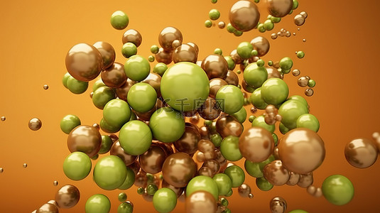 浅棕色背景下，黄色和绿色的 3D 球体和锥体悬停在空中