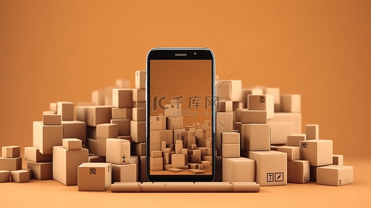 象征在线购物体验的智能手机和包裹盒的 3D 渲染