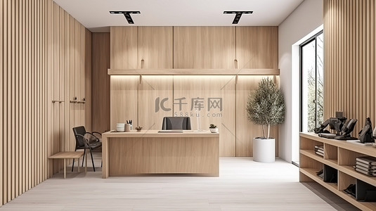 公司室内设计背景图片_简约的木制办公室室内设计与简单的西装灵感 3D 渲染