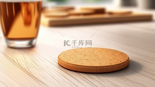 白色木桌上圆形软木垫啤酒杯垫模型的 3D 渲染