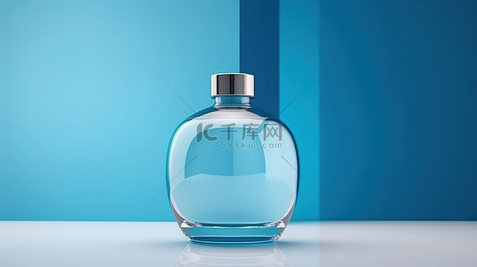 用于产品或品牌展示的蓝色背景正面优雅化妆品瓶的 3D 渲染
