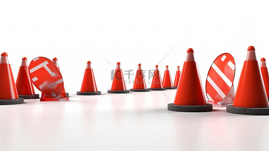 道路交通安全背景图片_概念道路维护 3D 渲染交通锥和白色背景上的红色停车标志板