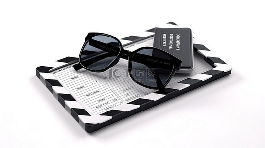 视频娱乐背景图片_电影拍板上复古 3D 眼镜的顶视图，供电影制作人电影爱好者和白色背景娱乐行业使用