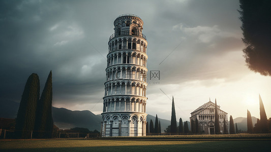 线描建筑背景图片_比萨斜塔名胜古迹地标背景