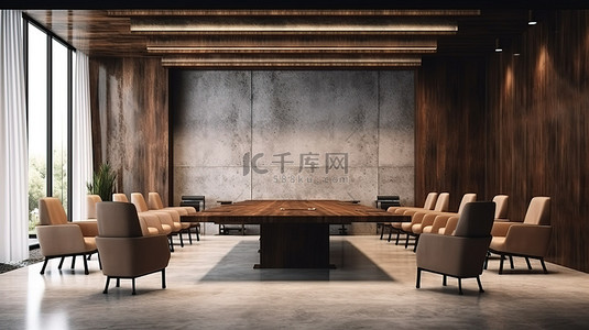 室内会议背景图片_豪华会议空间的 3D 渲染，配有木制家具混凝土墙壁和地板