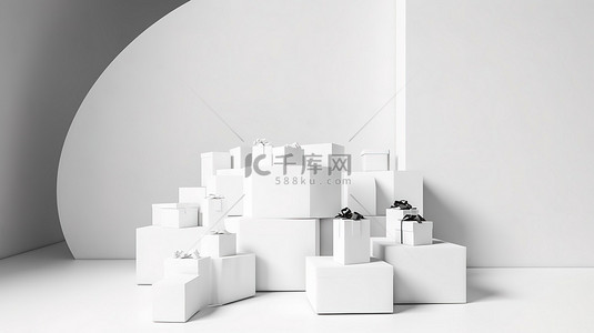 白色促销活动背景图片_产品展示在白色讲台上，带有 3D 渲染的白色礼盒，非常适合黑色星期五或促销活动