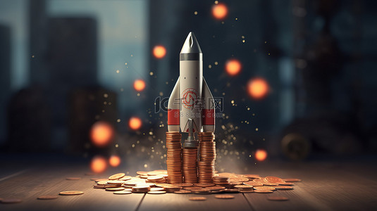 飞速的火箭背景图片_用一堆硬币 3D 渲染图像让您的业务飞速发展
