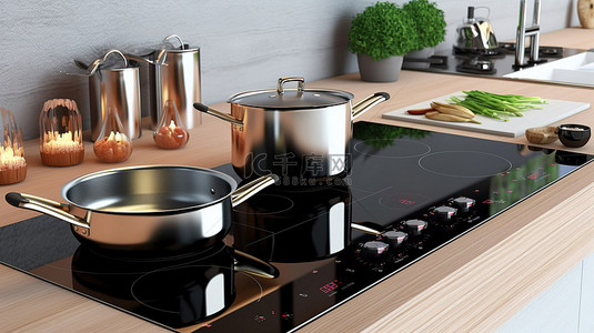 勺子背景图片_厨房内部配有电磁炉和 3D 视觉渲染