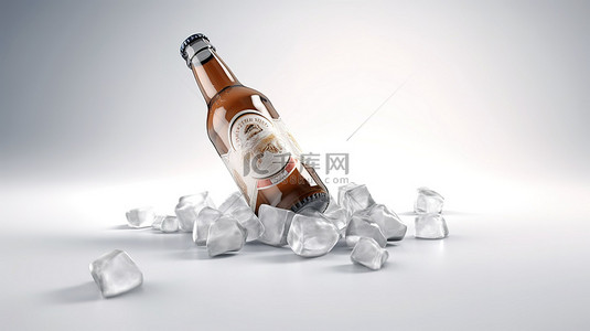 冰块模型背景图片_啤酒瓶的 3D 渲染，带有空白标签和冰块
