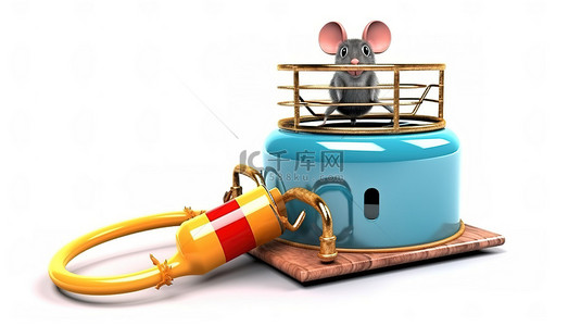 白色背景上孤立的老鼠陷阱和气瓶的 3d 插图