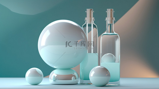 用于化妆品包装的玻璃球上平衡的滴管瓶乳液管和奶油罐的 3D 渲染