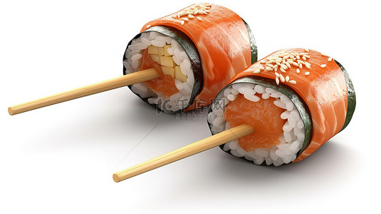 筷子和寿司背景图片_三文鱼卷和筷子在白色背景下的 3d 渲染插图
