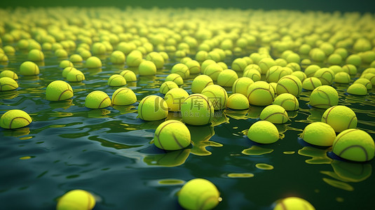 3d 呈现的网球以醒目的黄色和绿色条纹悬浮在空中
