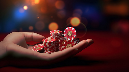 手拿红心俱乐部和赌场筹码赌博的 3D 插图