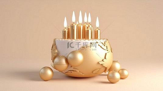 3D 渲染装饰性月桂花环地球仪，位于金色分层卡通蛋糕上，白色背景上有蜡烛