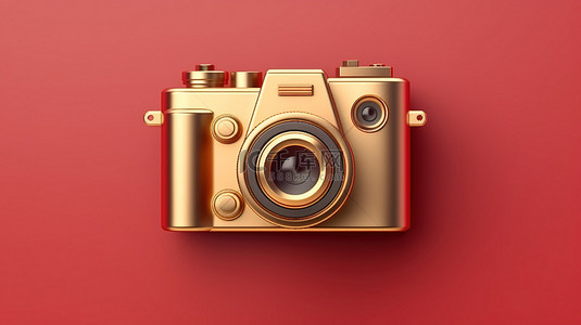 標識背景图片_老式相机徽章在红金板社交媒体符号上呈现金色相机图标
