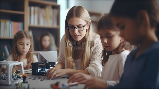 一群儿童背景图片_年轻女教师在学校机器人和工程课上协助学生进行 3D 打印