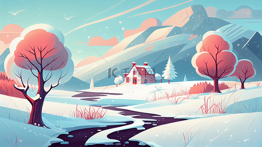 蓝色树林背景图片_冬季雪景粉色插画背景