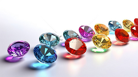充满活力的宝石色调钻石排列在 3D 渲染的白色背景上