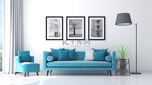 时尚的蓝色沙发搭配清爽的白色背景，配有装饰艺术海报客厅 3D 渲染