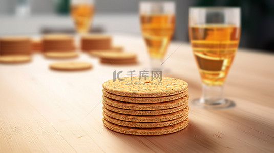 白色木桌上堆放的圆形软木啤酒杯垫的 3D 渲染