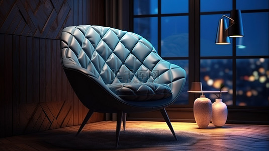 舒适的夜间室内 3D 渲染中的绗缝软垫设计师扶手椅