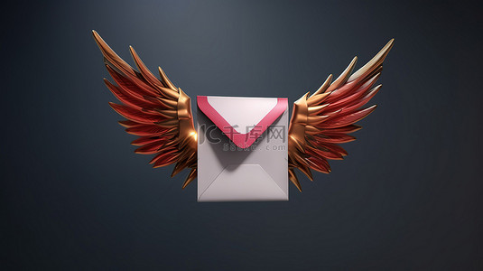 3D 渲染传入邮件的插图，带有飞行信封翅膀，表示时事通讯和在线电子邮件通知概念