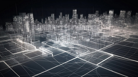 3D 季度城市景观，明亮的灯光和有线框架照亮，非常适合数字技术或当代演示