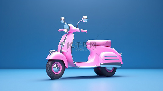 复古风格的粉色滑板车，以粉色和蓝色色调 3D 渲染的星形背景为背景