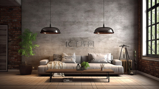 带灰色沙发和灯的阁楼式客厅令人惊叹的 3D 渲染