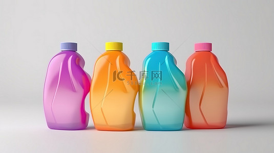 充满活力的塑料瓶非常适合漂白液体洗衣粉或织物柔软剂，以令人惊叹的 3D 方式显示在干净的白色背景上