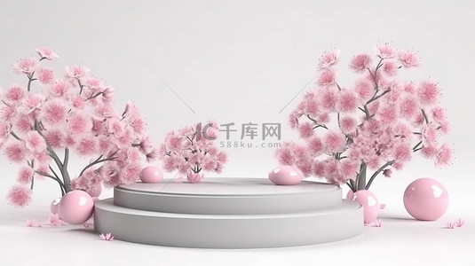 白色樱花花瓣背景图片_白色背景上的樱花粉红色讲台，用于产品品牌和演示 3D 渲染
