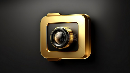 用户界面按钮背景图片_带有金色数码相机图标基本 ui ux 元素的黑色方形按钮键的 3D 渲染