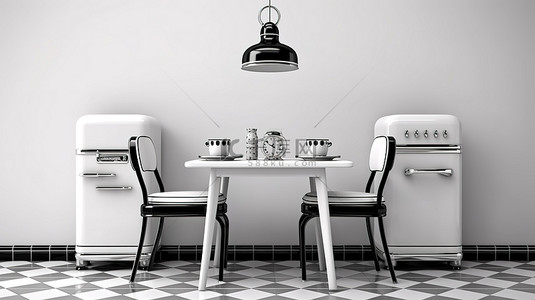 复古厨房背景图片_复古厨房用具和单色复古咖啡厅桌椅的 3D 渲染