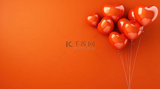 一堆橙色心形气球靠在红墙上，令人惊叹的 3D 渲染水平横幅