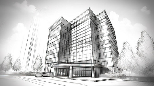 具有详细透视线的建筑物的建筑 3D 草图