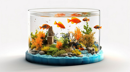 充满活力的水下世界 3D 插图，展示充满鱼的水族馆或带有浮岛的海洋