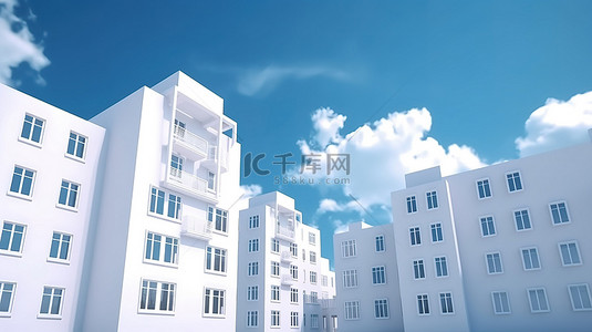 蓝天映衬下的白色建筑 3d 渲染